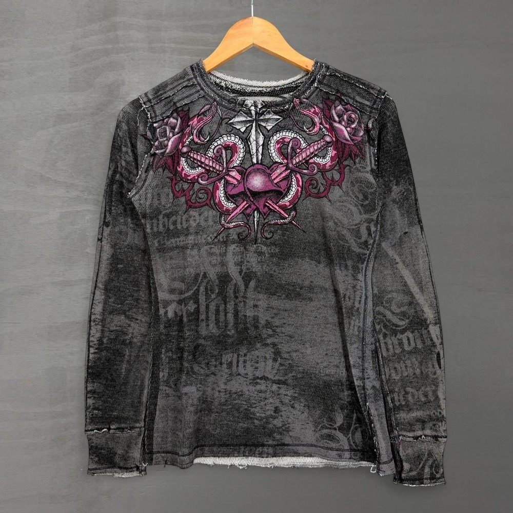 Affliction Sinful Y2K Reversible Thermal Shirt Grey Graphic Waffle Knit Medium